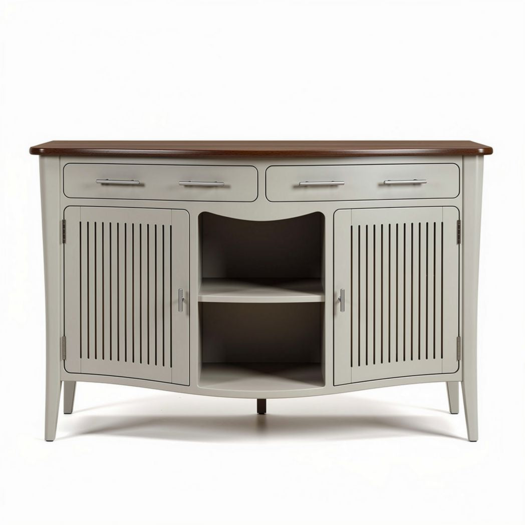 Mobiletto da ingresso in legno grigio con ripiano marrone e ante a persiana 120 x 40 x 80cm