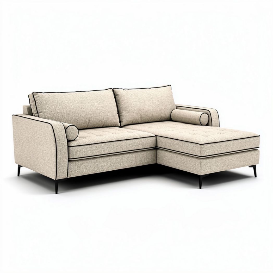 Divano angolare beige con elementi neri dimensioni 210 x 90 x 85cm