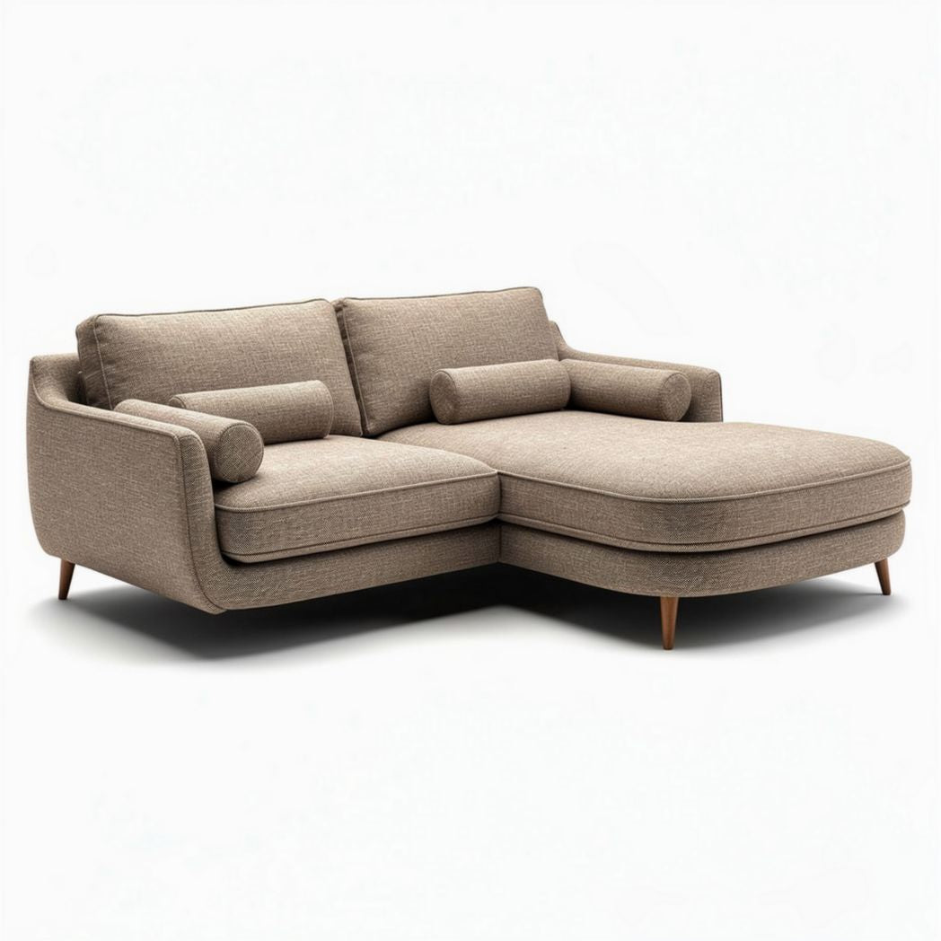 Divano angolare in tessuto beige con poggiatesta e dimensioni 200 x 100 x 85cm