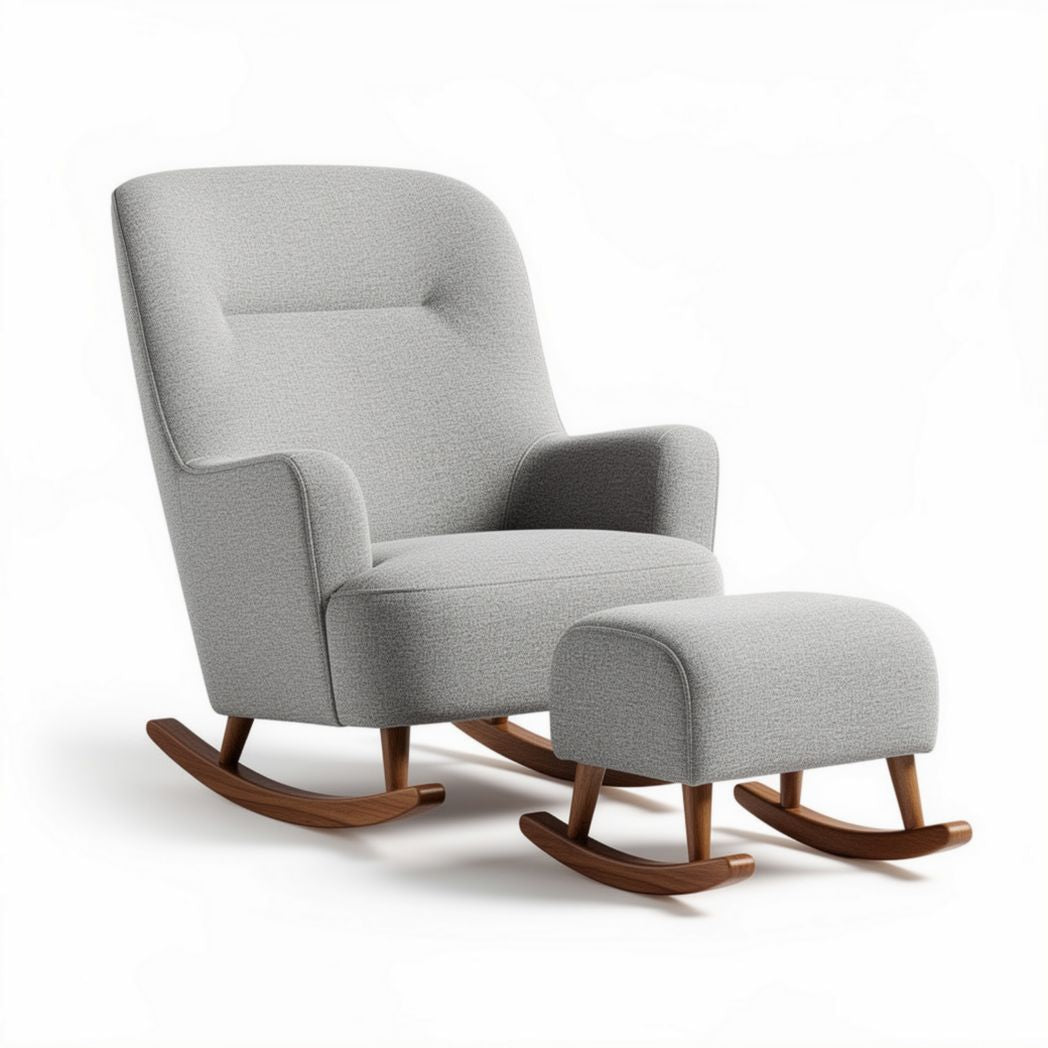 Poltrona a dondolo in tessuto grigio con poggiapiedi legno 80 x 70 x 100cm